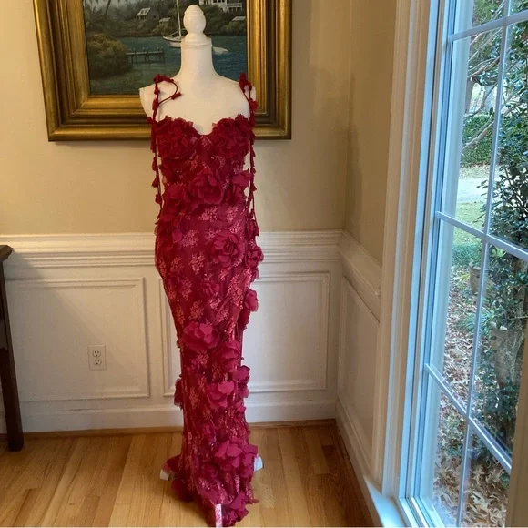 ASOS LUXE Burgundy Red 3D Floral Pearl Lace Maxi Dress Gown NWT -  threedaughtersproperties.com